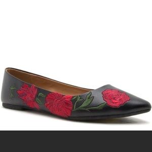 Black and red floral rose ballerina flats
